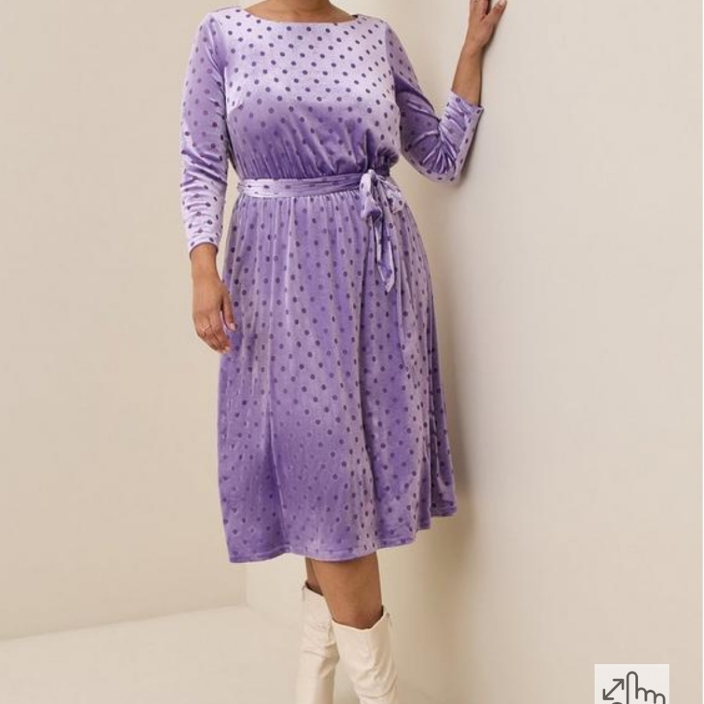 New! Torrid Polka Dot Purple Burnout Velvet Boatneck Longsleeve Dress  1X  14/16